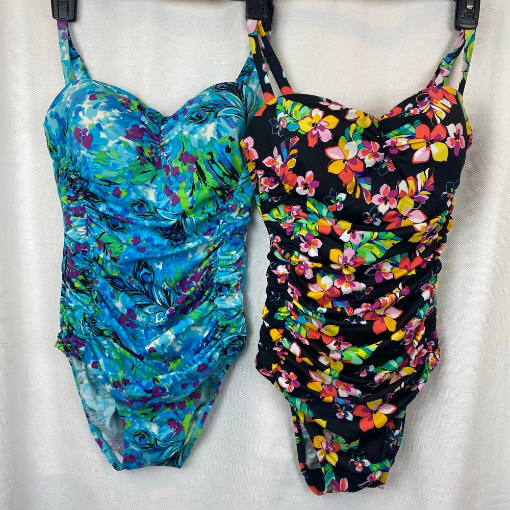 One Piece Tummy Control Padded Support Ruched Tropical Floral Swimsuits Size 8